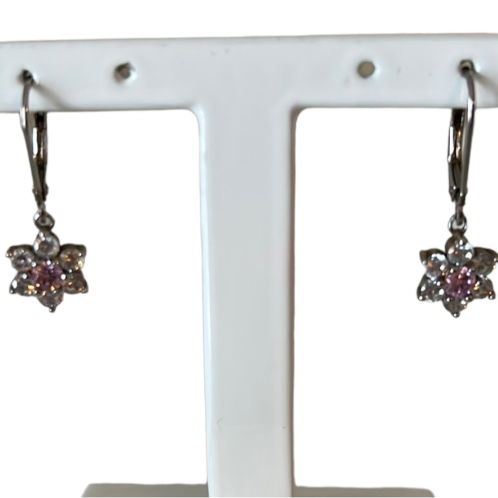 CRYSTAL dangling flower with pink center crystal earrings